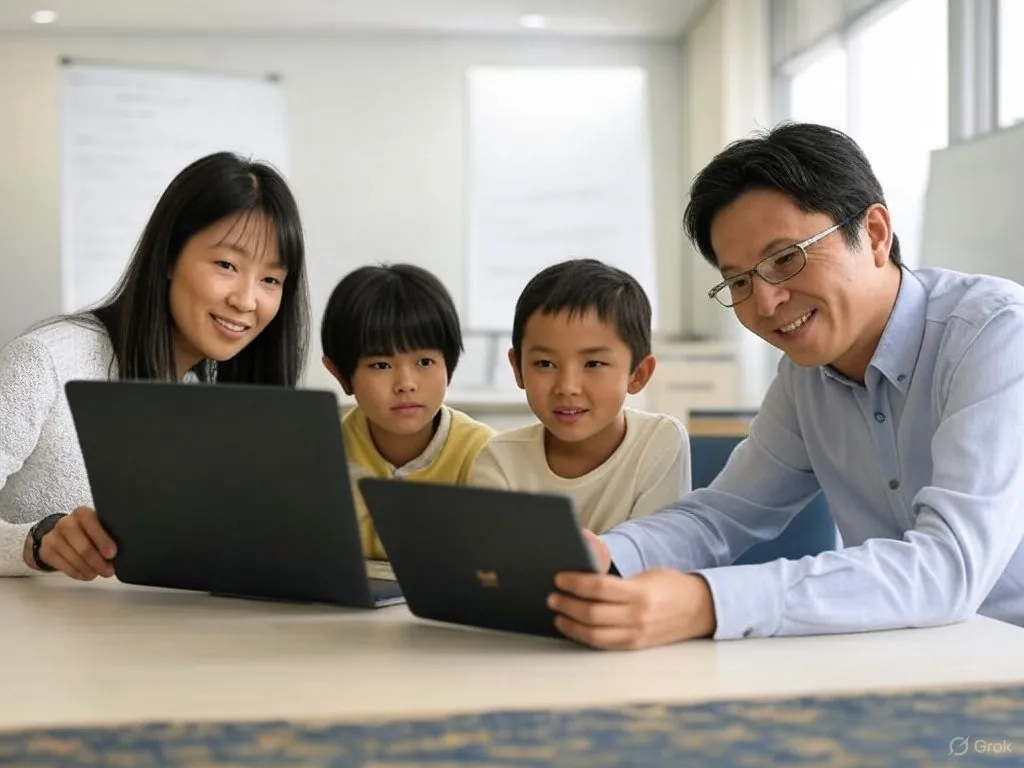 家族でプログラミングとAIを学んでいる様子