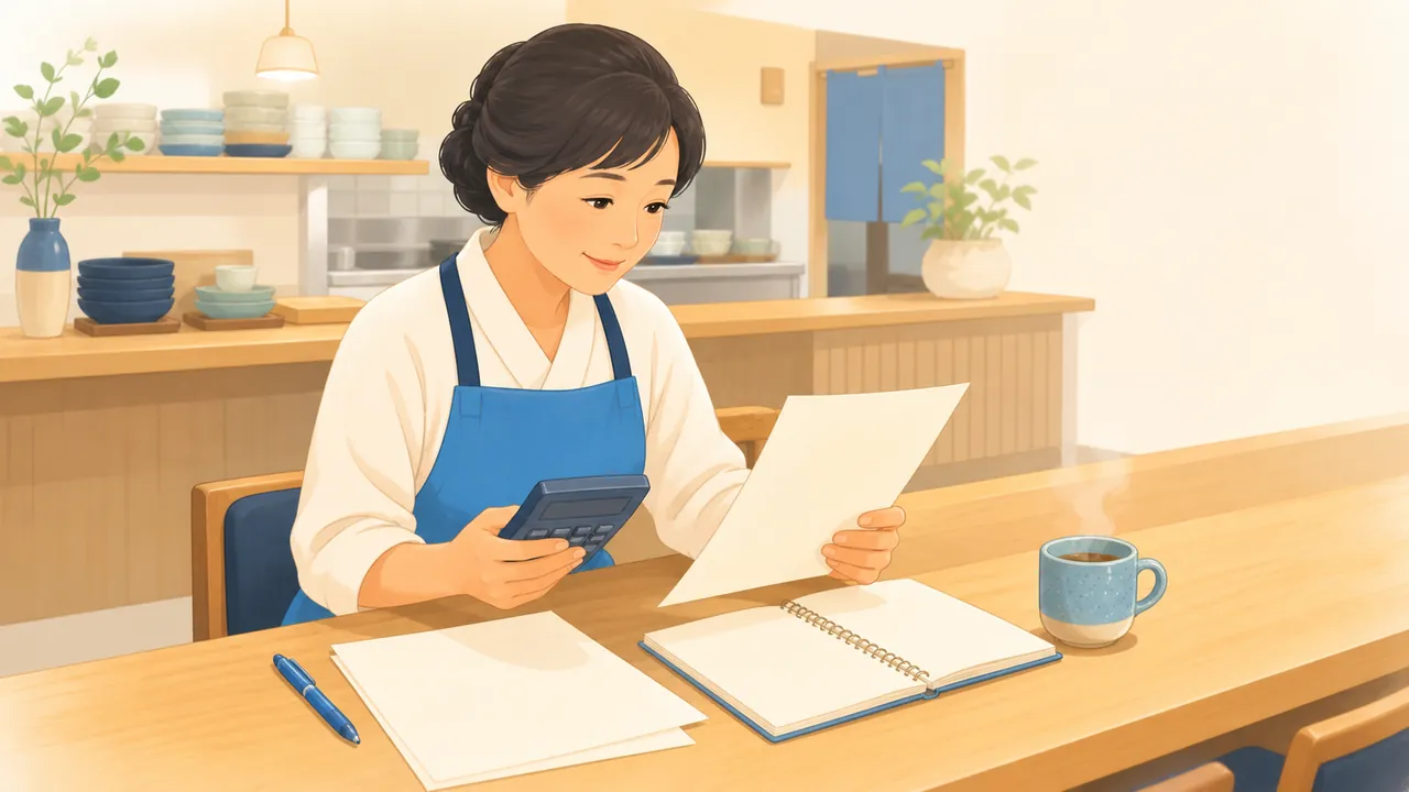 閉店後の飲食店のカウンターで、女性店主が電卓と時給表を見比べながら人件費の増加額を計算している様子