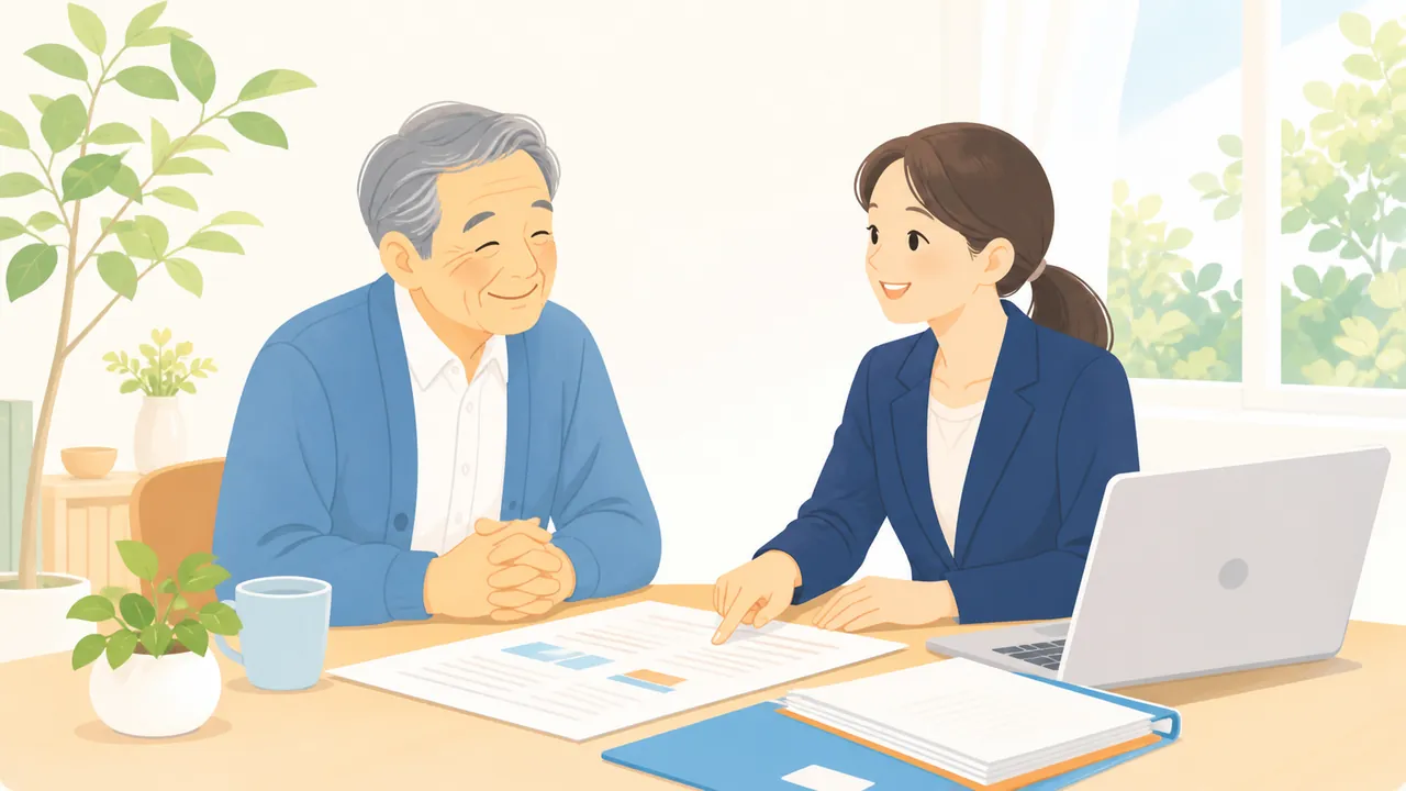 相談窓口のテーブルで、小さな会社の経営者が相談員から書類の説明を受けている様子