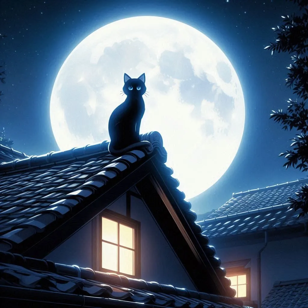 屋根の上に座る一匹の黒猫、青い瞳のAI生成画像