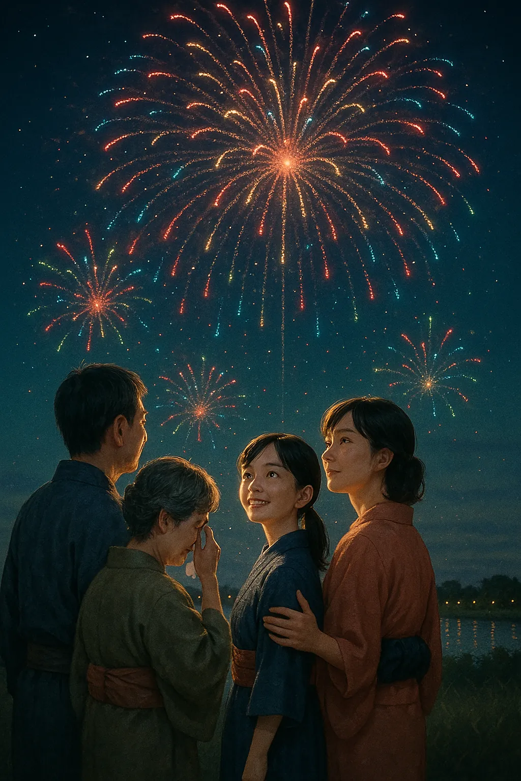 祭りのクライマックスである花火のAI生成画像