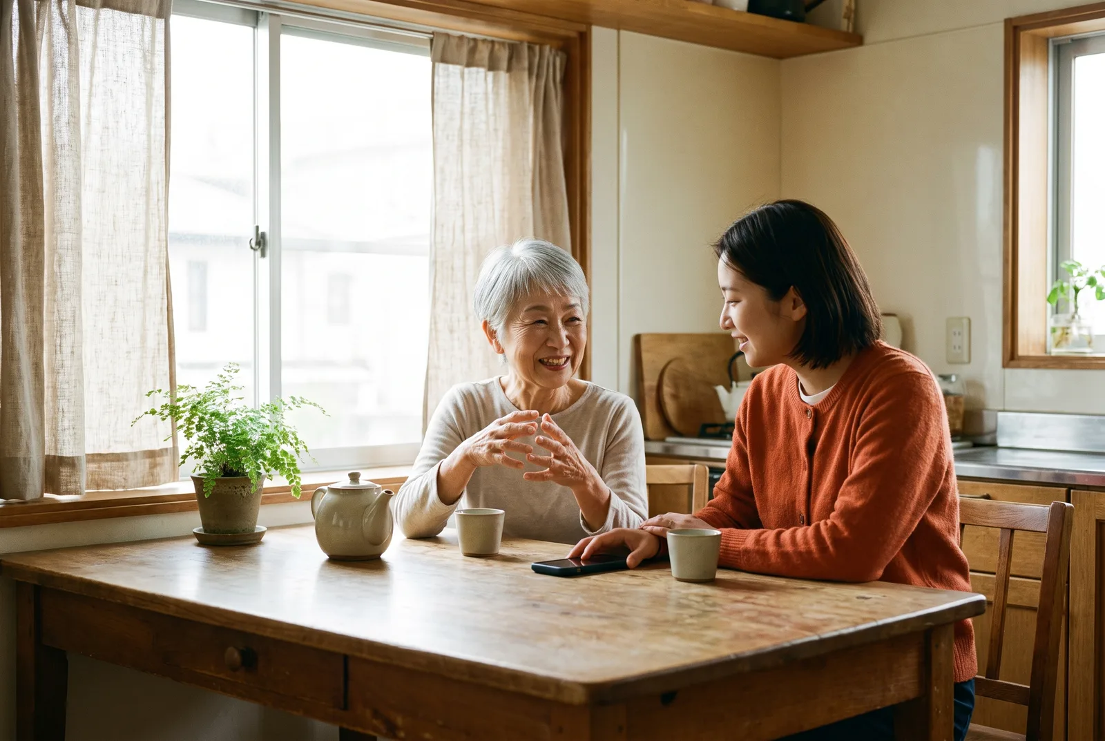 台所のテーブルで、母の話を娘が聞いている。テーブルにはスマートフォンと湯のみ